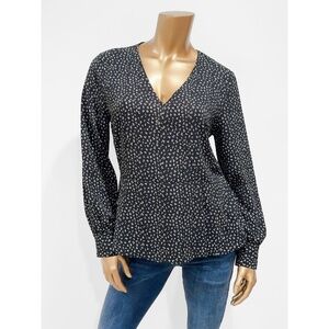 Halogen Women's Black Print Long Sleeve Peplum Blouse Top Size S Petite SP